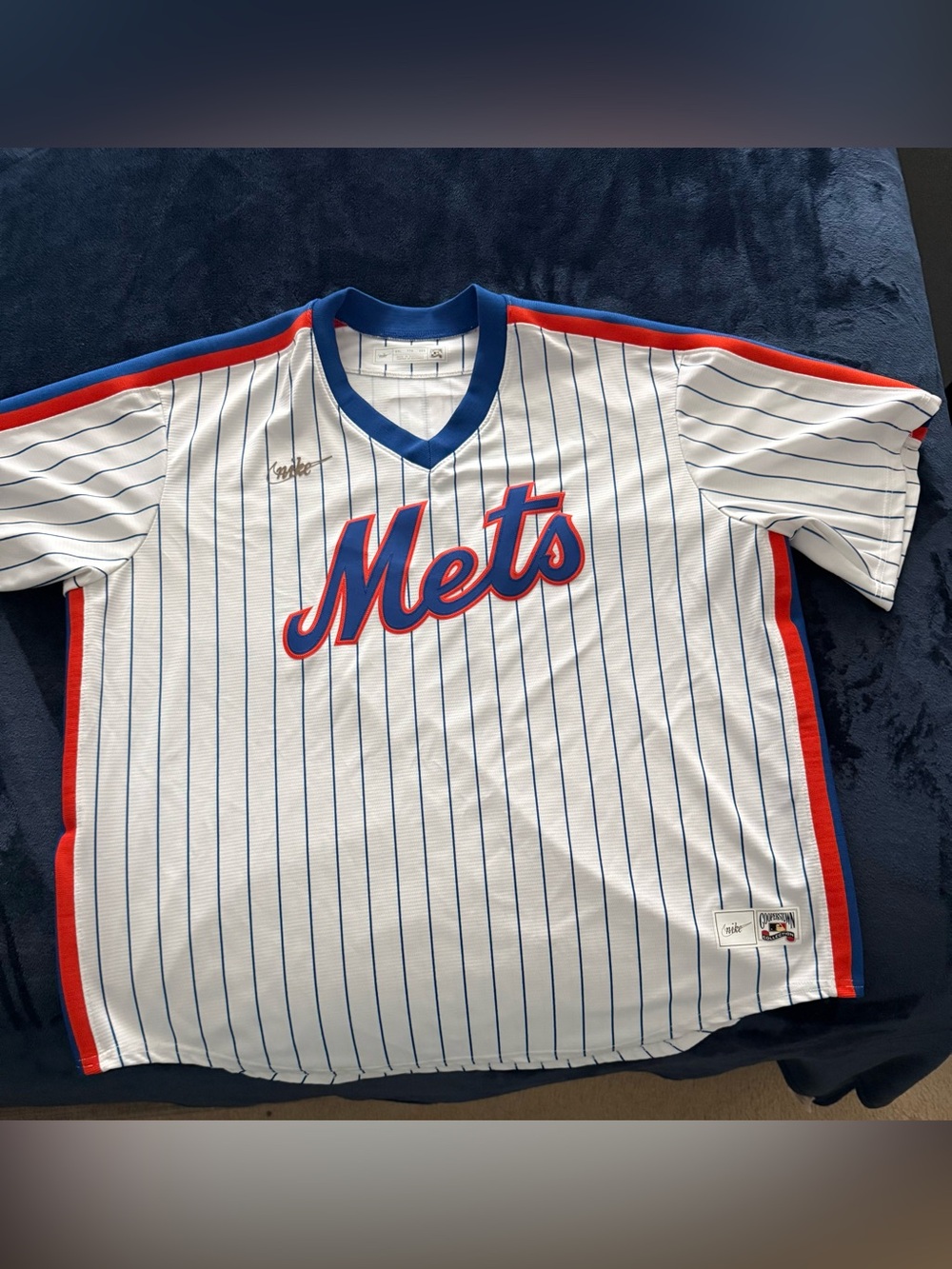 Mets Pinstripe Baseball Jersey - White with Blue & Orange